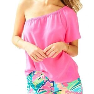 Lilly Pulitzer Fifer Silk Pink One Shoulder Flutter Sleeve Womens Top Small